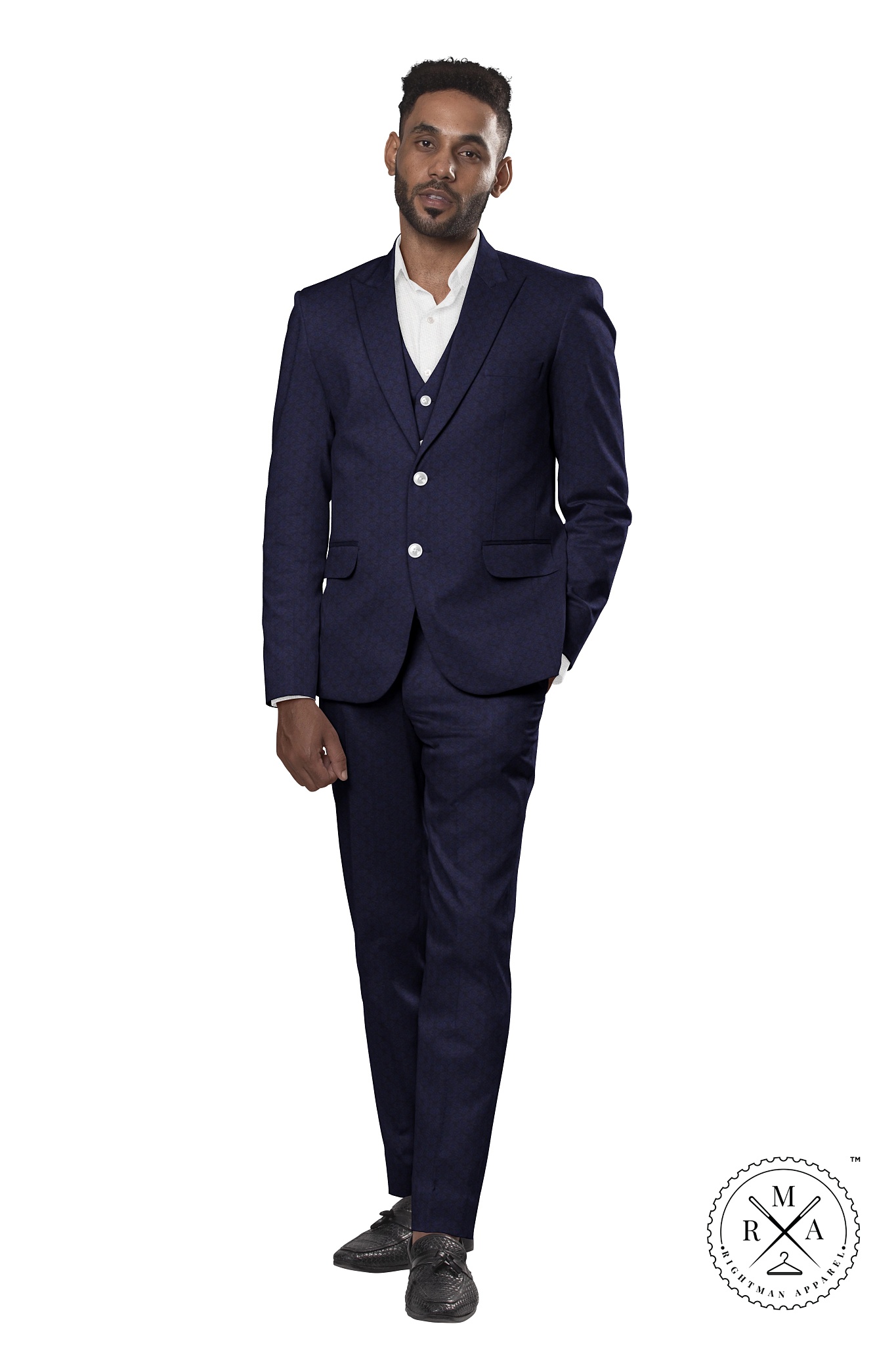 Blue Denim Three Piece Suit With Rhombus Birdseye Pattern SU86